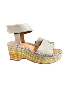 FRYE AND CO. Cream Leather Espadrille Wedges with Yellow Striped Jute